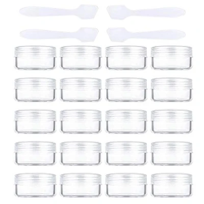 Afbeelding van 20 stuks crèmepotjes, leeg, 10 g/10 ml, transparant, kleine kunststof potjes, voor cosmeticadoos, lippenbalsem, nailart met 4 mini spatels, 10g/10ml