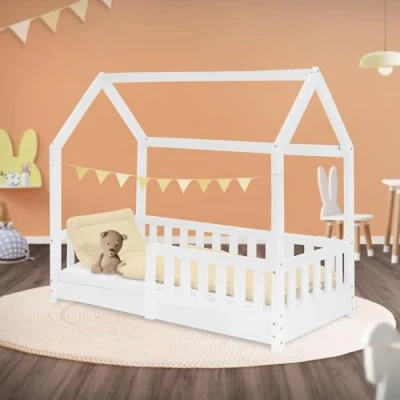 Afbeelding van Kinderbed met uitvalbeveiliging lattenbodem en dak 70x140 cm Wit grenen hout ML Design