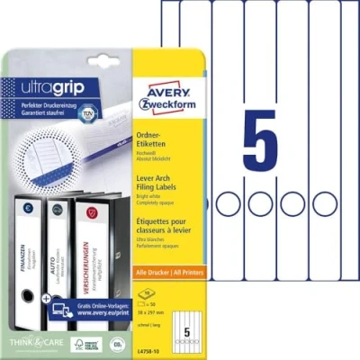 Afbeelding van Avery Zweckform Ordneretiketten L4758 10 38 x 297 mm Papier Wit Permanent 50 stuk(s)