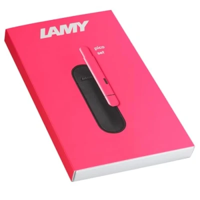Afbeelding van LAMY Set van 1x pico kleine tas balpen 288 metaal in lakafwerking neonroze en leren etui de kleur zwart voor een schrijfinstrument lijnbreedte M