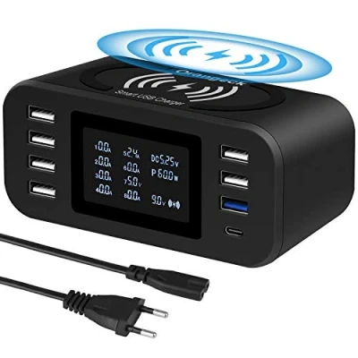 Afbeelding van Orangeck Oplaadstation met draadloze oplader, meerdere USB led display, 8 poorten, laadstation QC3.0, inductielader voor iPhone, iPad, Samsung en smartphones