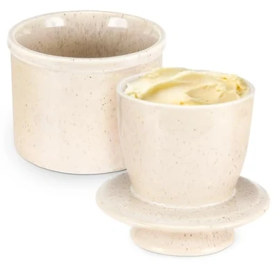 Afbeelding van Pavlleen keramische botervloot, Franse botervloot met waterkoeling, boterbel voor smeerbare boter, deksel, gespikkeld wit