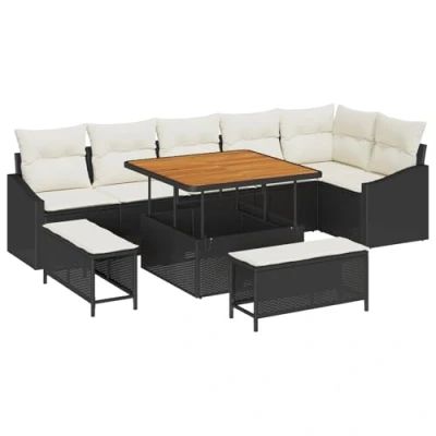 Afbeelding van vidaXL 9 delige Tuin Sofa Set met Kussens Zwart Poly Rattan Acacia, 2 zits Rattan, 3 Eetset Acacia