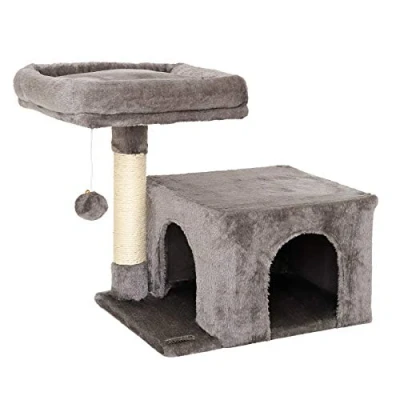 Afbeelding van lionto krabpaal voor katten met comfortabele ligplaats &amp; hol, hoogte 50 cm, kattenboom pluche bal incl. belletje, sisaltouw zacht pluche, geschikt kleine grote katten, donkergrijs