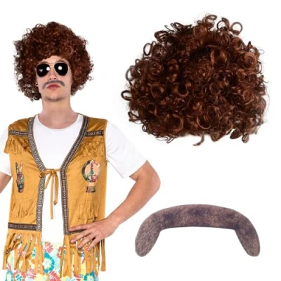 Afbeelding van SKHAOVS Hippie kostuum accessoires mode afro pruik snuit jaren 60 70 disco dude snor kort krullend shaggy carnaval festivals themafeest (donkerbruin)