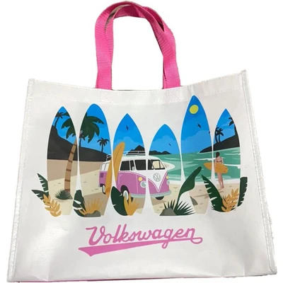 Afbeelding van Boodschappentas Volkswagen Busje VW T1 The Waves are Calling RPET Duurzame Shopper Tas 33x40x17cm