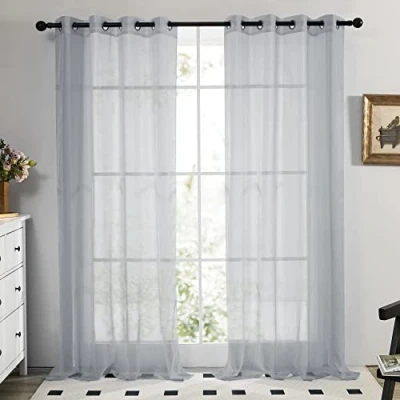 Afbeelding van Deconovo Set van 2 semi transparante gordijnen met ogen, voor ramen, grijs, 140 x 183 cm