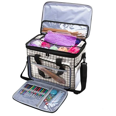 Afbeelding van Teamoy Opbergtas voor wol, geschikt het transporteren van brei /haakwol en tassen accessoires, met dubbel deksel (geen accessoires inbegrepen), grijze stippen
