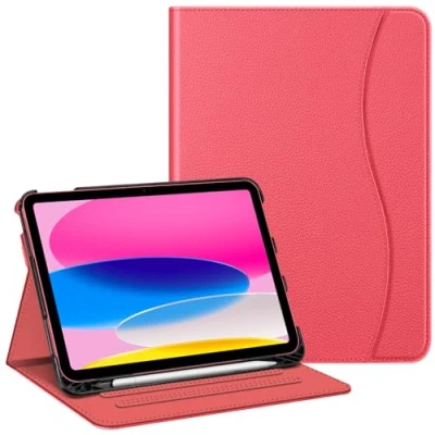 Afbeelding van FINTIE Hoesje compatibel met iPad 10e generatie (2022) 10,9 inch, beschermende standaard meerdere kijkhoeken potloodhouder en zak, automatisch slapen/waken, roze
