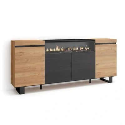 Afbeelding van Skraut Home dressoir, highboard commode, comodekast 200x87x35cm 4 deuren elektrische open haard. Afmetingen Industriedesign Moderne stijl Eiken zwart