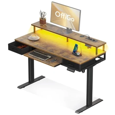 Afbeelding van OffiGo In hoogte verstelbaar bureau, 120 cm, elektrisch bureau met 2 laden, monitorstandaard en toetsenbordplank voor kantoor, vintage bruin