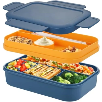 Afbeelding van Sinnsally Bento Box Lunchboxen, 2000ml lunchbox voor volwassenen kinderen, stapelbare Japanse met 8 compartimenten, lekvrije maaltijdbereidingscontainer bestekset, magnetronbestendig (Bule)