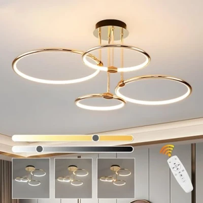 Afbeelding van 4 Ronde Ringen Gouden Led Plafondlamp, Ø75cm 85W Kroonluchter Met Traploos Dimbaar, Creatieve Metalen Gegalvaniseerde Hanglamp, Moderne Lamp Voor Slaapkamer Woonkamer Kinderen Kantoor Studeerkamer