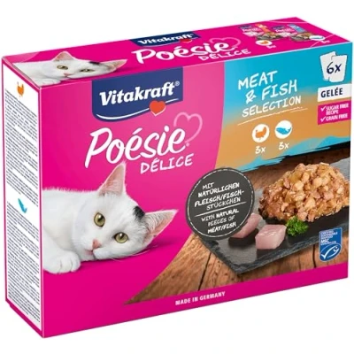 Afbeelding van VITAKRAFT Kattenvoer &quot;Poëzie&quot; Complete natvoer voor katten Op basis van vlees en vis in gelei (india, zalm) 6 zakjes 85 g