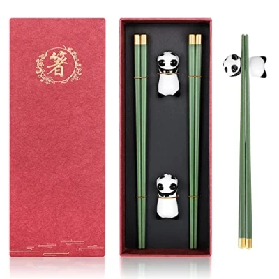 Afbeelding van Eetstokjes Japanse Herbruikbare Glasvezel met Houder Chinese Gift Set Vaatwasmachineveilige Legering + Keramische Leuke Panda Eetstokje Rest (2 paar houder)