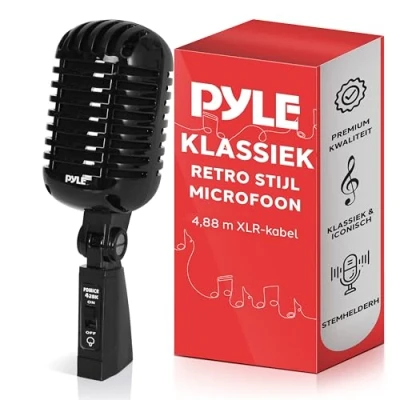 Afbeelding van Pyle Classic Retro Dynamic Vocal Microphone Old Vintage Style Unidirectional Cardioid Mic with XLR Cable Universal Stand Compatible Live Performance, In Studio Recording, Black