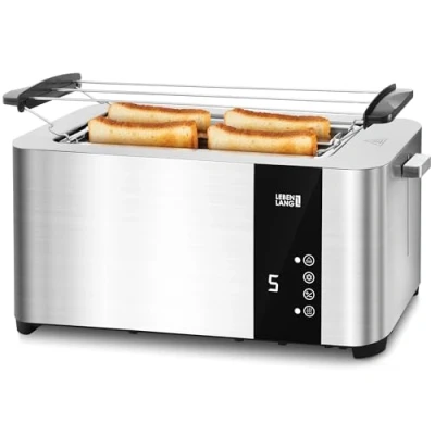 Afbeelding van LEBENLANG broodrooster met lange sleuf, 4 sneden opzetstuk voor broodjes, touchscreen led display en 7 standen, 1400 W, delige geborsteld roestvrij staal, Smart