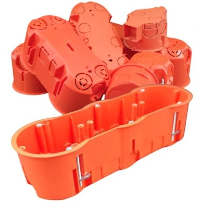 Afbeelding van 5 x 3 voudige gipskartondoos, Rigips hollewanddoos, apparaatdoos, schakeldoos, aansluitdoos oranje UP HW, Ø 68 mm 204 60 diepte, voor bevestiging van de doos in gipsplaten, PK60 41PG,
