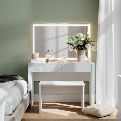 Afbeelding van Vicco AnnabelleKaptafel 110 cm met LED spiegel en bankje Wit hoogglans/wit