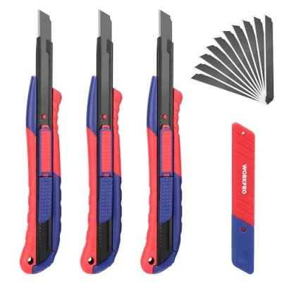 Afbeelding van WORKPRO 3 Stuks Cuttermessen Set, 2 in 1 Veiligheid Afbreekmes Snijmes Tapijtmes met 10 SK5 Reservemessen, 9mm Lemmetbreedte, Multifunctioneel Mes, Snijden voor Papier, Karton