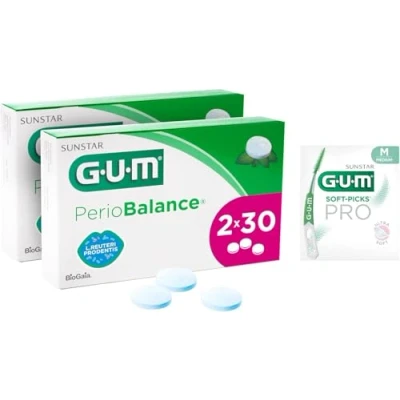 Afbeelding van GUM PerioBalance/Voedingssupplement/Bevat Limosilactobacillus reuteri Prodentis/Aangename frisse muntsmaak / 2 x 30 tabletten (+1 gratis sample)
