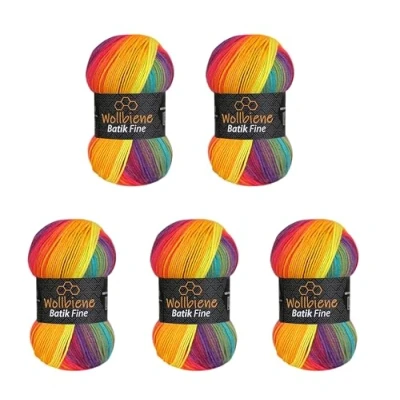 Afbeelding van 5 x 100 g Wollbiene Batik Fine 500 gram wol met kleurverloop meerkleurige breiwol haakwol (5910 regenboog)