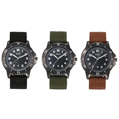 Afbeelding van JewelryWe Horloge heren datum kalender analoog kwarts sporthorloge herenhorloge met nylon textiel armband, 2 3 stuks, Riemen.