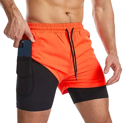 Afbeelding van Danfiki Sportshorts 2 in 1 voor mannen, ademend, met zakken, sneldrogende sportbroek zak, sportlegging, Base Layer Stretch, Oranje, S