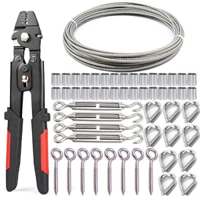Afbeelding van Draadkabel krimptangenset, staalkabel krimptang + 30 m 2 mm roestvrij staaldraad 4 stuks M5 stalen spanschroef 8 oogschroeven klemhulzen van aluminium 10 vingerhoed