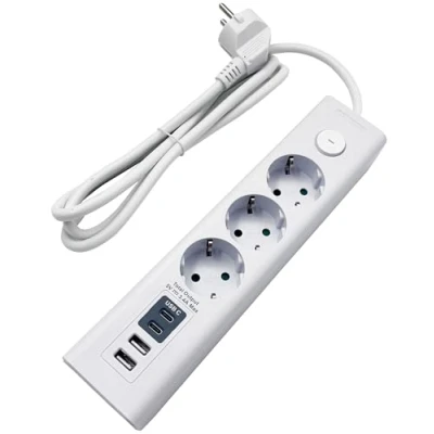 Afbeelding van stekkerdoos 3 voudig met schakelaar 4 USB A C 1,5m kabel wit
