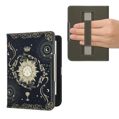 Afbeelding van kwmobile E reader hoesje geschikt voor Kobo Clara BW / Colour hoes flip case met magneetsluiting Ereader cover Tarotkaart design in donkerblauw geel zwart