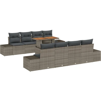 Afbeelding van vidaXL 9 delige Tuin Eetset met Kussens Grijs Poly Rattan Acacia