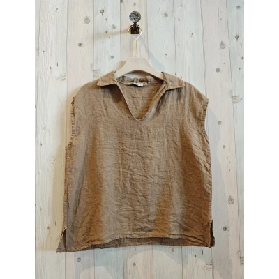 Afbeelding van top tuniek linnen mix met korte mouwen boho steek zakken Kleur WIT Maat 42/44