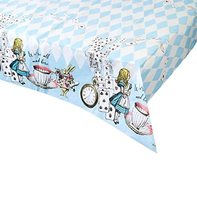 Afbeelding van Talking Tables TSALICE V2 TCOVER Blauw Alice in Wonderland papieren tafelkleed Wegwerptafelkleed, recyclebaar thuis Benodigdheden voor Mad Hatter Tea Party, verjaardag, Moederdag