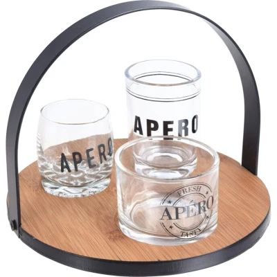 Afbeelding van Ronde serveerplank bamboe dia 18 cm met 3x luxe hapjes/saus/tapas schaaltjes van glas Serveerplanken