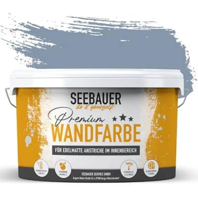 Afbeelding van SEEBAUER diy muurverf blauw 2,5L voor binnen (No. 843 Pale Heaven) edelmat binnenverf lila blauwtinten zeer hoge dekkracht mat, wasbaar en druppelvrij