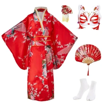 Afbeelding van KRUIHAN Yukata vintage Japanse stijl meisjes kimono traditionele kleding zijde stof badjas trouwkleding party performance jurk, Rot, 150 cm