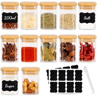 Afbeelding van Set van 12 vierkante kruidenpotjes 200 ml luchtdicht met houten deksel, kruidenpotjesset glas, kruidencontainer kruidenpotjesset, kruidenopslag