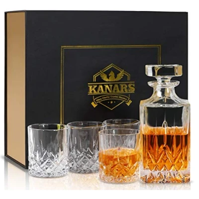 Afbeelding van Whiskyglazen en karaf set, 750 ml whiskykaraf met 4 x 300 glazen, loodvrije kristalglazen, mooie geschenkdoos, hoogwaardig, 5 delig