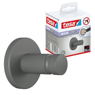 Afbeelding van tesa® MOON GREY Handdoekhaak, mat grijs, voor Badkamer en Wc Badkamers in Industriële Moderne Stijl Zonder Boren, Zelfklevend 37 mm x 36