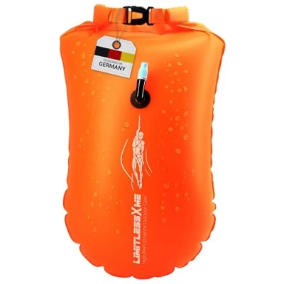 Afbeelding van LimitlessXme Zwemboei &amp; Droogzak 28l Oranje. Veiligheid bij het zwemmen, open water en triatlon. Zwembaan, Swim Bubble, Zwemboj opblaasbaar