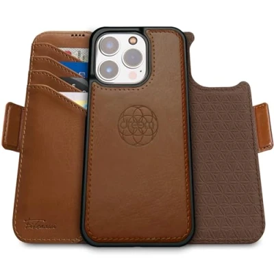 Afbeelding van Dreem Fibonacci iPhone 15 Pro Max Portemonnee Hoesje / 2 in 1 Schokbestendig MagSafe Compatibel en Afneembaar Luxe Vegan Lederen Folio met RFID Kaartbescherming Multi Standaard [Chocolade]