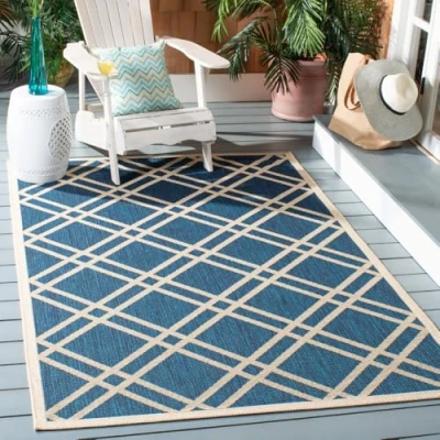 Afbeelding van Safavieh Trellis voor binnen/buiten, geweven rechthoekig tapijt, binnenplaats collectie, CY6914, in marine/beige, 160 x 231 cm tuin, terras of buitenruimte