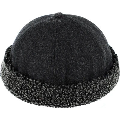 Afbeelding van Wollen dockermuts zeemansmuts met teddy omslag kleur antraciet zwart maat M/L