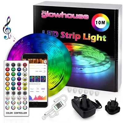 Afbeelding van Premium LED stripverlichting Bluetooth Nieuw 2023 Model Glowhouse UK 33ft RGB kleurverandering met afstandsbediening en app bediening. Super heldere SMD 5050 volledige kit