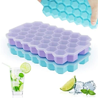 Afbeelding van Rottay ijsblokjesvorm, 37 vaks set van 2 stuks, siliconen ijsblokjeshouders met deksel, ijsblokjesvormen voor whisky, cocktails, sap, chocolade, snoep (blauw + paars)