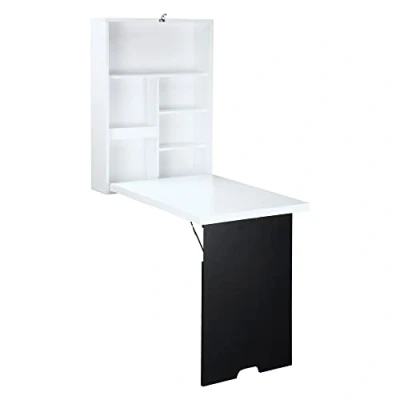Afbeelding van HOMCOM Opvouwbaar wandbureau, inklapbaar, opknoping op voet, plank + geïntegreerd krijtbord, MDF, wit, voor werk, hedendaags, 60 x 94 147 cm