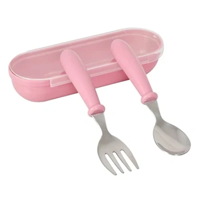 Afbeelding van Nivofu Peuter Bestekset, 2 stuks Vork en Lepel Sets, RVS Baby Gebruiksvoorwerpen Bestek Set met Reiskoffer voor Kinderen, Kinderen Spenen Leren Gebruiken (Roze)
