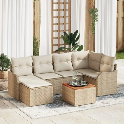 Afbeelding van vidaXL 7 Delige Tuin Sofaset met Kussens Beige Poly Rattan Acacia, 2 Zits Sofa
