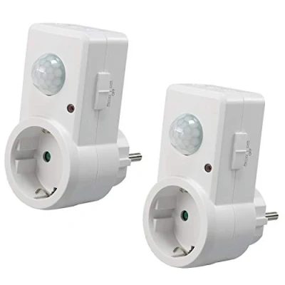 Afbeelding van ChiliTec Bewegingsmelder met stopcontact, 230 V, instelbare tussenstekker, 9 m bereik, vermogen max. 1200 W, geschikt voor led, schakelt vanaf 1 watt, 2 stuks, wit
